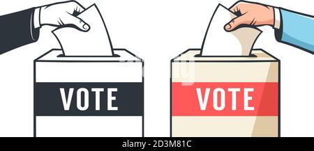 Wahlen. Hand lässt den Stimmzettel in die Wahlbox fallen Stock Vektor