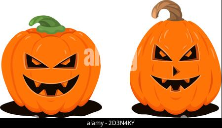 Zwei Halloween Kürbisse im Cartoon-Stil isoliert auf weißem Hintergrund Stock Vektor