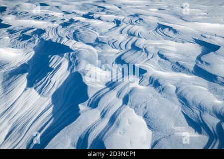 Schnee Textur auf dem Feld an einem sonnigen Tag. Natur Winter, Urlaub und Weihnachten Hintergrund Stockfoto