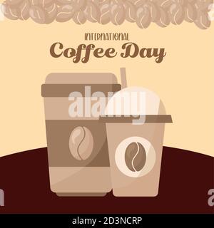 Internationaler Kaffee Tag und Eis und heiße Tassen mit Bohnen vektordesign Stock Vektor