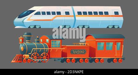 Alte und moderne Züge, antike Dampfeisenbahn Transport und zeitgenössische U-Bahn-Lokomotive, Stadtbahn Pendler Transport Seitenansicht isoliert auf grauem Hintergrund. Cartoon Vektorgrafik Stock Vektor