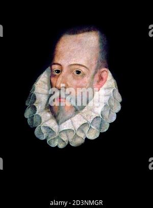 Cervantes. Porträt des spanischen Schriftstellers des Goldenen Zeitalters, Miguel de Cervantes Saavedra (1547-1616), Juan de Jáuregui y Aguilar zugeschrieben, Öl auf Tafel, um 1600 Stockfoto
