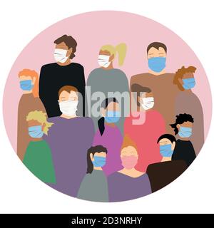 Eine Gruppe von Menschen, die medizinische Masken tragen, um Krankheiten zu verhindern. Vektorgrafik im flachen Stil Stock Vektor