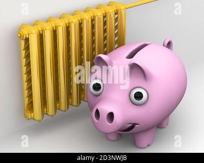 Einsparungen beim Heizen des Wohnraums. Energiesparkonzept. Ein Sparschwein neben einem goldenen Heizkörper an der Wand. 3D-Illustration Stockfoto