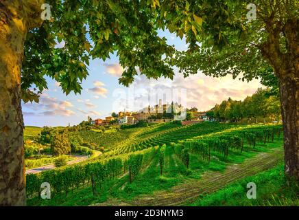 Neive Dorf, Langhe Weinberge und Bäume als Rahmen. Unesco-Stätte, Piemont, Norditalien, Europa. Stockfoto