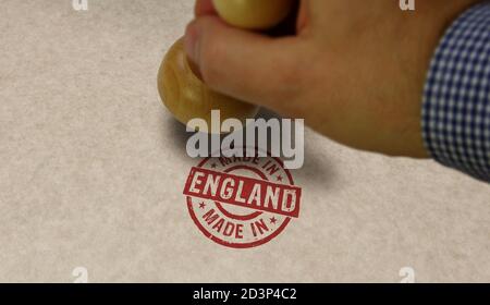 Made in England Stempel und Stempelhand. Fabrik-, Fertigungs- und Produktionslandkonzept. Stockfoto