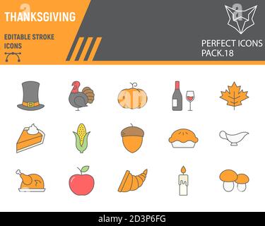 Thanksgiving Farbe Linie Symbol-Set, Urlaub Kollektion, Vektor-Skizzen, Logo Illustrationen, Danksagung Tag Symbole, Feier Zeichen gefüllt Umriss Stock Vektor