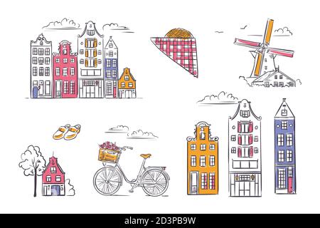 Vektorset Amsterdam Symbole in skizzenhaften Stil. Stock Vektor