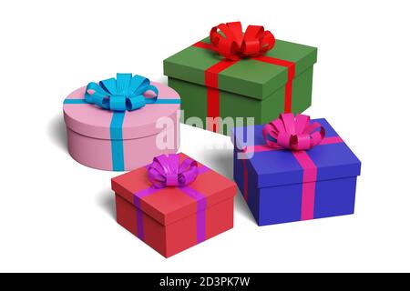 Drei Geschenkbox grün blau und rot mit Schleifen isoliert auf weißem Hintergrund. 3d-Illustration. Stockfoto