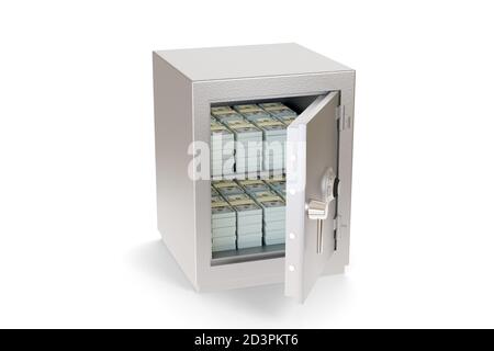Offener Safe voller 100-Dollar-Scheine isoliert auf weißem Hintergrund. 3d-Illustration. Stockfoto