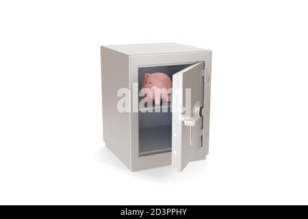 Sparschwein in einem Safe isoliert auf weißem Hintergrund. 3d-Illustration. Stockfoto