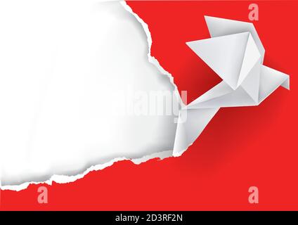 Origami Taube ripping Papier. Illustration von Papier Vogel auf rotem zerrissenem Papier.Platz für Ihren Text oder Bild. Vektor verfügbar. Stock Vektor