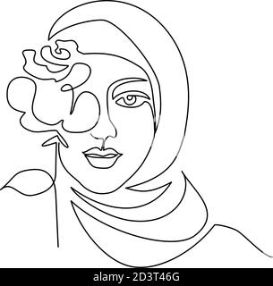 Junge glückliche Frau in Hijab mit Blumen auf ihrem Gesicht. Fortlaufende eine-Linie-Zeichnung. Vektorgrafik Stock Vektor