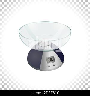 silberne 3d-Waage auf transparentem Hintergrund. Digitale Waagen zur Gewichtsmessung. Küchengerät oder Messgerät. Element für die Innenarchitektur. Vektorgrafik. Stock Vektor