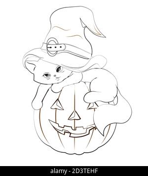Malbuch halloween Katze in Hexenhut, Kätzchen auf Kürbis. Bild in der Hand Zeichnung Cartoon-Stil, für T-Shirt tragen Mode drucken Design, Gruß ca. Stock Vektor