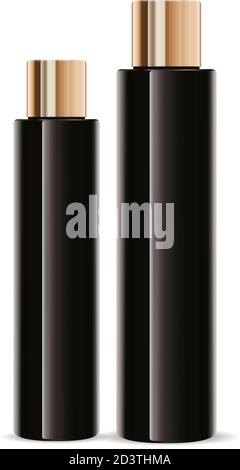 Set aus Kosmetikflaschen aus dunklem Bernstein-Glas. Zylinderförmige Kosmetikbehälter mit goldenen Deckeln. Luxuriöse 3d-Vektorgrafik. Stock Vektor