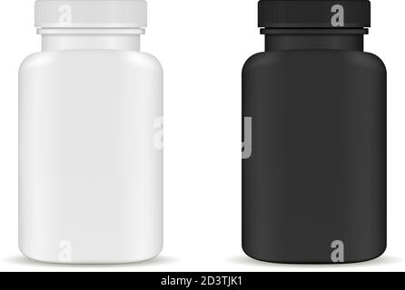 Medikamentenflaschen-Set. Schwarz-Weiß-3d-Vektordarstellung. Mockup Schablone der Medizin Verpackung für Pillen, Kapsel, Drogen. Sport und Gesundheit l Stock Vektor