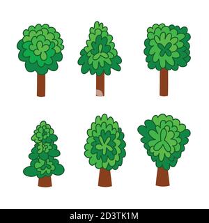 Set von grünen Laubbäumen Doodle Cartoon-Stil, isolieren Cliparts auf weiß. Vektor-Illustration Umwelt Natur Baum Stamm Laub mit Schlaganfall Stock Vektor