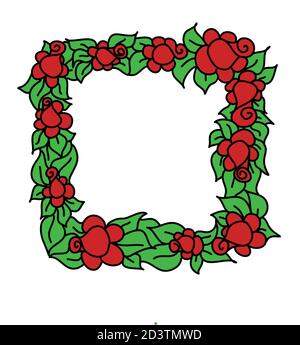 Basic RGBQuadratische Rahmen mit Blumen, rote Rose und grünes Blatt, Kranz der Rosenblüte. Einfache flache Darstellung mit Kontur, auf Weiß isolieren Stock Vektor