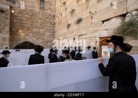 JERUSALEM, ISRAEL - OKTOBER 07: Haredi Juden aus der chassidischen Dynastie Rachmastrivka (benannt nach der Stadt Rotmistrivka in der Ukraine) tragen Schutzmaske, während sie in den Trennzellen für soziale Distanzierung während des Sukkot-Feiertages oder des Laubhüttenfestes an der Westmauer am 07. Oktober 2020 in Jerusalem, Israel, beten. Israel kämpft gegen einen der weltweit schlimmsten Coronavirus-Ausbrüche pro Kopf. Die ultra-orthodoxe Gemeinschaft, die etwa 12% der Bevölkerung ausmacht, macht mehr als ein Drittel der Coronavirus-Fälle des Landes aus. Stockfoto