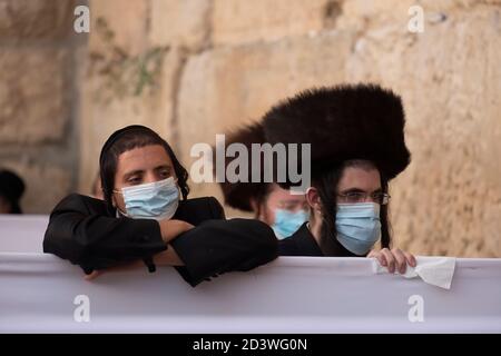 JERUSALEM, ISRAEL - OKTOBER 07: Haredi Juden aus der chassidischen Dynastie Rachmastrivka (benannt nach der Stadt Rotmistrivka in der Ukraine) tragen Schutzmaske, während sie in den Trennzellen für soziale Distanzierung während des Sukkot-Feiertages oder des Laubhüttenfestes an der Westmauer am 07. Oktober 2020 in Jerusalem, Israel, beten. Israel kämpft gegen einen der weltweit schlimmsten Coronavirus-Ausbrüche pro Kopf. Die ultra-orthodoxe Gemeinschaft, die etwa 12% der Bevölkerung ausmacht, macht mehr als ein Drittel der Coronavirus-Fälle des Landes aus. Stockfoto