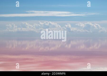 Rosa Salz See Küste mit weißem Salz, rosa Wasseroberfläche und Spiegelung von Pastellwolken auf blauen Himmel. Sywasch oder Sivash, die Putriden See oder Rotte Stockfoto