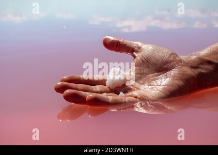 Hand hält rosa weiße Salzkristalle Bildung in rosa lebendige See Wasseroberfläche mit Spiegelreflexion. Spa Resort sonnige Nahaufnahme Stockfoto