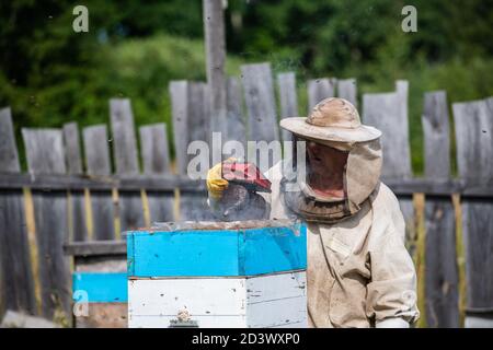 Bienenmeister auf Bienenhaus. Mann in Schutzhut arbeitet mit Schornstein im Bienenstock. Imker untersucht Bienen auf einer Bienenfarm auf grünem Naturhintergrund Stockfoto