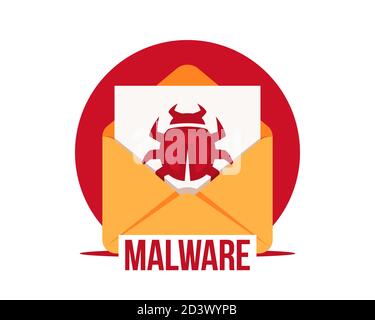 Symbol für Malware per E-Mail. Virus im Brief. Viren, Malware, E-Mail-Betrug, E-Mail-Spam, Phishingbetrug, Hacker-Angriffskonzept. Cyberkriminalität Stock Vektor