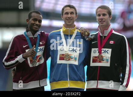 Mutaz Essa Barshim von Quatar , Bohdan Bondarenko von Ukaine und Derek Drouin von Kanada Podium Hochsprung Männer beim Championnat du Monde Athlétisme 2013, am 16 2013. August in Moscou - Foto Laurent Lairys / DPPI Stockfoto