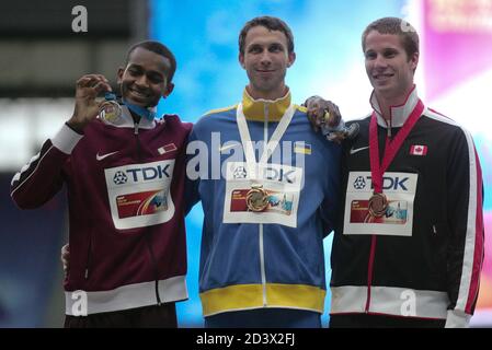 Mutaz Essa Barshim von Quatar , Bohdan Bondarenko von Ukaine und Derek Drouin von Kanada Podium Hochsprung Männer beim Championnat du Monde Athlétisme 2013, am 16 2013. August in Moscou - Foto Laurent Lairys / DPPI Stockfoto