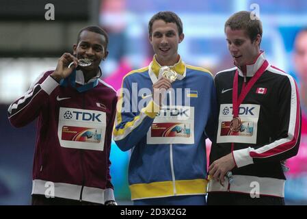 Mutaz Essa Barshim von Quatar , Bohdan Bondarenko von Ukaine und Derek Drouin von Kanada Podium Hochsprung Männer beim Championnat du Monde Athlétisme 2013, am 16 2013. August in Moscou - Foto Laurent Lairys / DPPI Stockfoto