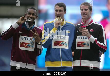 Mutaz Essa Barshim von Quatar , Bohdan Bondarenko von Ukaine und Derek Drouin von Kanada Podium Hochsprung Männer beim Championnat du Monde Athlétisme 2013, am 16 2013. August in Moscou - Foto Laurent Lairys / DPPI Stockfoto