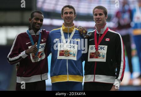 Mutaz Essa Barshim von Quatar , Bohdan Bondarenko von Ukaine und Derek Drouin von Kanada Podium Hochsprung Männer beim Championnat du Monde Athlétisme 2013, am 16 2013. August in Moscou - Foto Laurent Lairys / DPPI Stockfoto