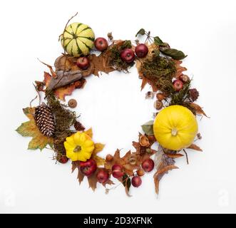 Herbstkranzrahmen aus gelben Kürbissen und Blättern Stockfoto