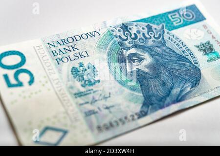 polnisches Banknotenpapier Geld 50 PLN zloty Stockfoto