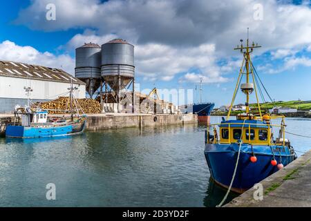 Kleine Fischerboote im Handelshafen Wicklow mit Holzstapeln oder Holzstämmen, die auf Frachtschiff im Hintergrund, Irland, geladen werden Stockfoto