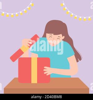 Glückliche Frau Eröffnung Geschenkbox mit Licht Dekoration Party Vektor Abbildung Stock Vektor