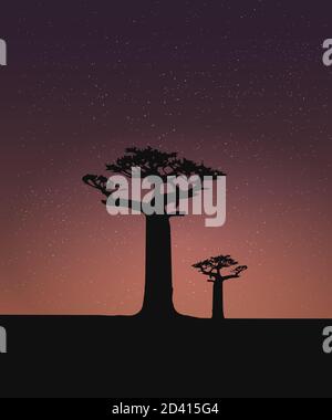 Afrika, Galaxie Und Himmel, Baobab Stock Vektor