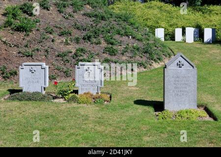 Grabsteine des Ersten Weltkriegs auf dem Militärfriedhof St. Symphorien in Mons, Belgien Stockfoto