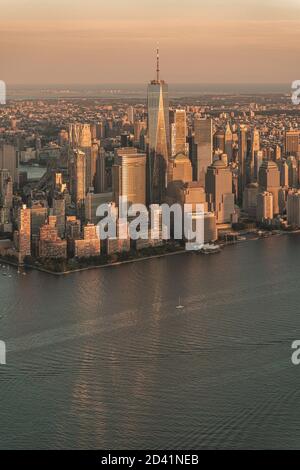 New York City One World Trade Center Blick Vom Hubschrauber, Luftaufnahmen Stockfoto