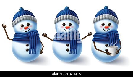 Zeichenvektorsatz Winter. Winter Schneemann 3d-Charaktere tragen Schal und Hut für die Wintersaison Kollektion Design isoliert in weißem Hintergrund. Stock Vektor