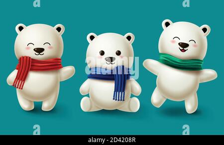 Winter Bären Charakter Vektor gesetzt. Teddybär oder Eisbär 3d Cartoon Figuren Kollektion tragen Schal für Wintersaison Design in blauem Hintergrund Stock Vektor