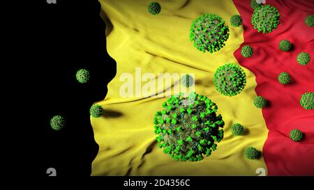 COVID-19 Coronavirus-Moleküle auf belgischer Flagge - Gesundheitskrise mit Anstieg der COVID-Fälle - Belgien Viruspandemische Verluste Abstract Hintergrund Stockfoto