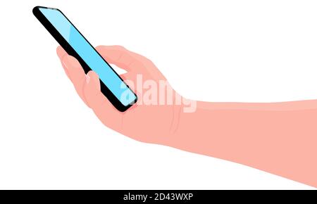 Handy in der Hand. Mann hält schwarzes Smartphone. Touchscreen mit dem Finger berühren. Platz für Text kopieren. Vektorgrafik, weißer Hintergrund Stock Vektor