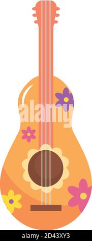 Gitarre mit Blumen-Design auf weißem Hintergrund, flacher Stil, Vektor-Illustration Stock Vektor