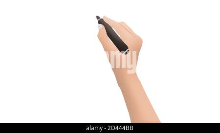 Weibliche Hand ist bereit zum Zeichnen mit schwarzem Marker. Isoliert auf weißem Hintergrund. Stockfoto
