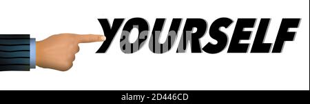 Push Yourself ist das Thema. Ein Finger drückt auf Art des Wortes selbst. Stockfoto
