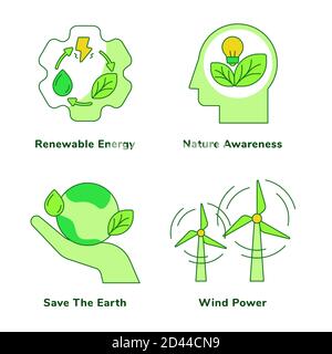 Ökologie Set Kollektion Erneuerbare Energie Umweltbewusstsein rettet die Erde Windkraft weiß isoliert Hintergrund mit grünen Thema flache Umrisse Stil Stock Vektor