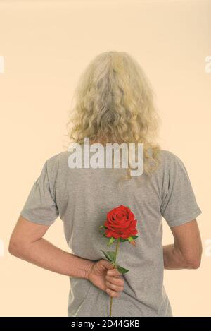 Rückansicht des älteren bärtigen Mann verstecken rote Rose hinter Zurück bereit für den Valentinstag Stockfoto